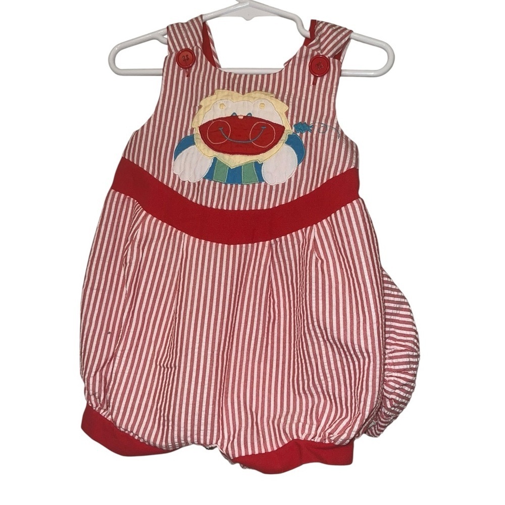 Pete’s Partner by goodlad red seersucker romper w hat cat fish embroidered 6/9m